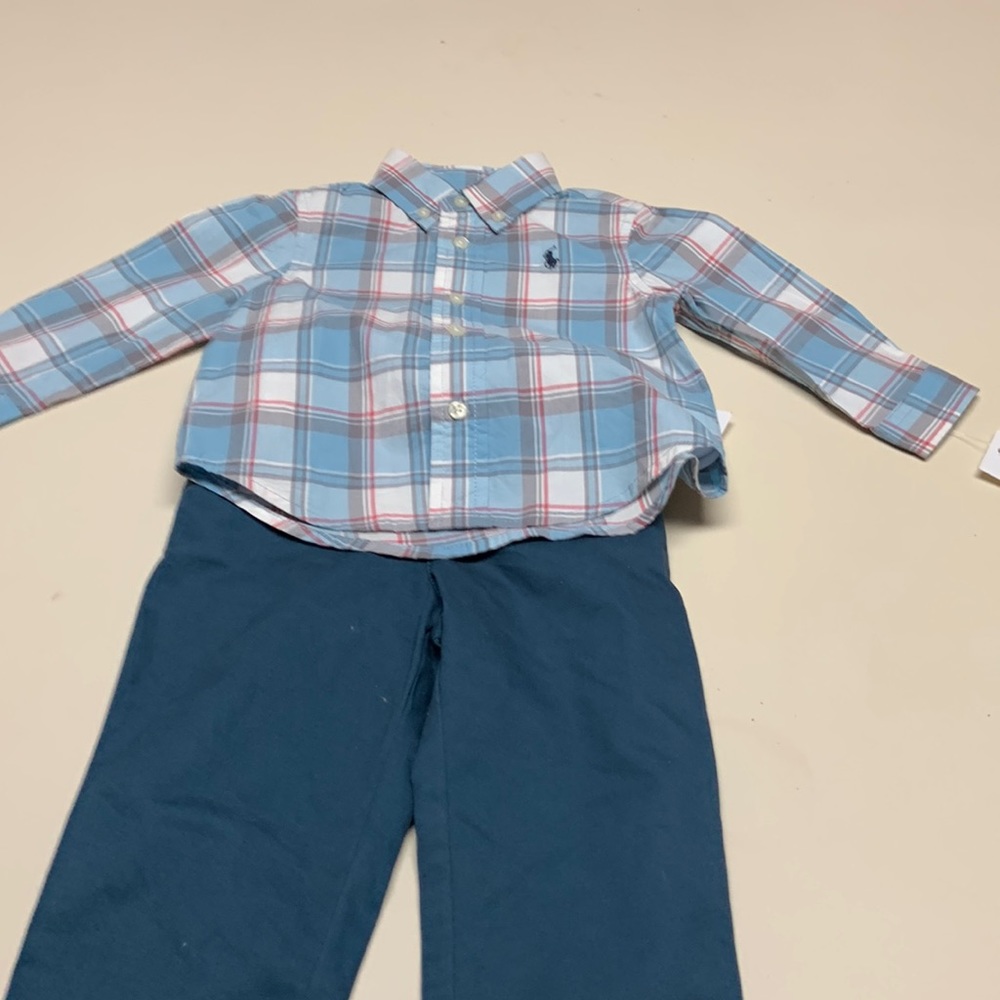2 pc Infant boy outfit, white multi shirt, navy pants